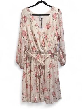 Premier Cream Floral Wrap Dress with Pink Accents